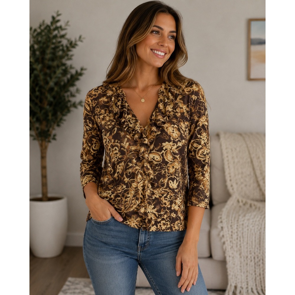 Chaps Womens Size Medium Brown Floral Ruffle Blouse V Neck 3/4 Sleeve Knit Top